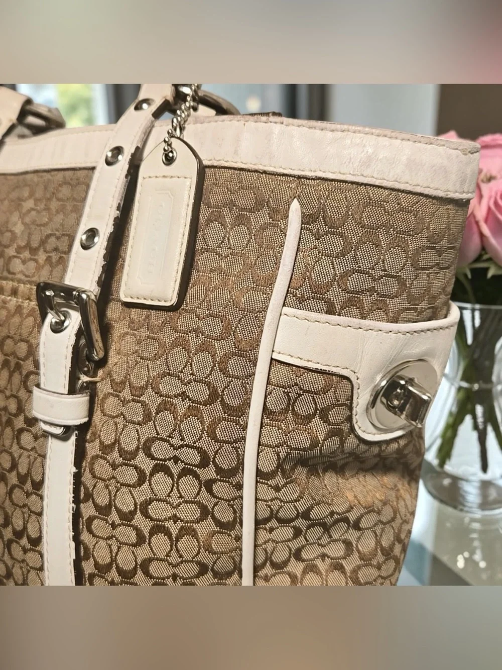 Coach 2007 Khaki and Chalk Signature Canvas Tote with Leather Trim - Picture 6 of 14